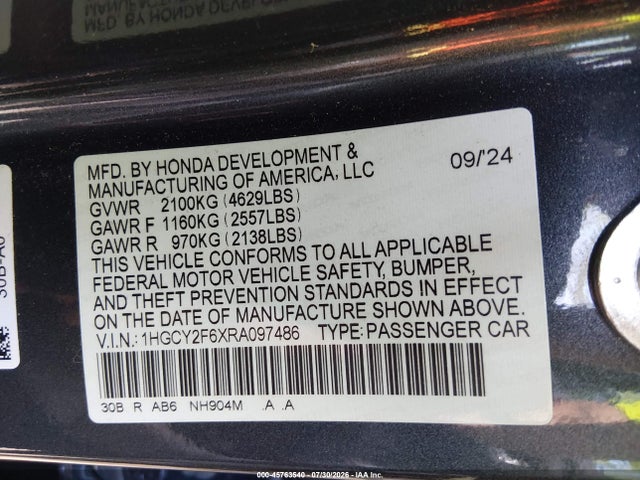 Aukcja sprzedaży 2024 Honda Accord Hybrid Ex-l, vin: 1HGCY2F6XRA097486, numer aukcji: 45763540
