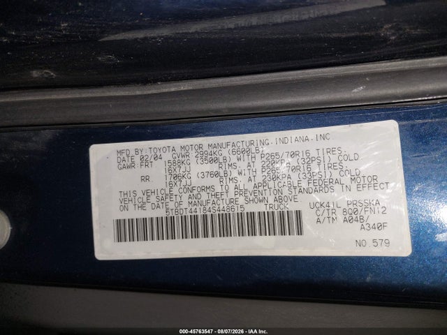 45763547 :رقم المزاد ، 5TBDT44184S448615 vin ، 2004 Toyota Tundra Sr5 V8 مزاد بيع