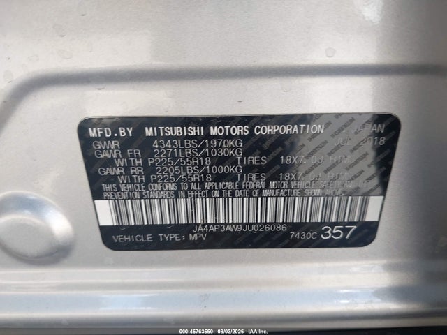 JA4AP3AW9JU026086 Mitsubishi Outlander Sport 2.4 Se