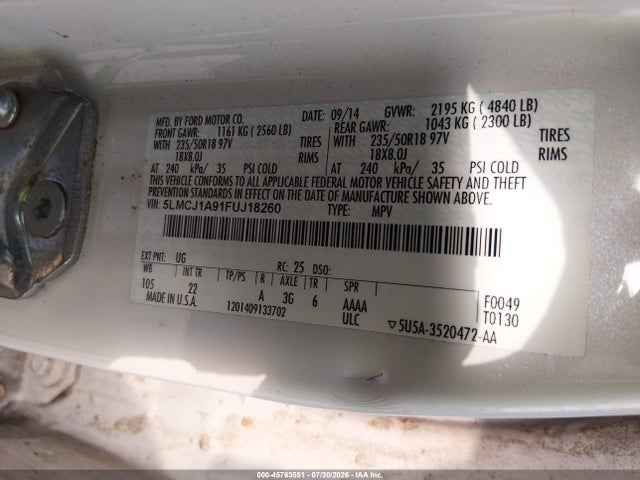 2015 Lincoln Mkc მანქანა იყიდება აუქციონზე, vin: 5LMCJ1A91FUJ18260, აუქციონის ნომერი: 45763551