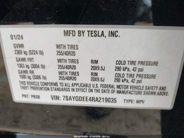45763556 :رقم المزاد ، 7SAYGDEE4RA219035 vin ، 2024 Tesla Model Y Long Range Dual Motor All-wheel Drive مزاد بيع