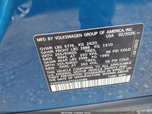 45763566 :رقم المزاد ، 1V2HC2CA2TC222065 vin ، 2026 Volkswagen Atlas Cross Sport Se With Technology مزاد بيع