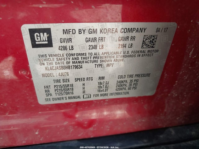 Aukcja sprzedaży 2017 Buick Encore Preferred, vin: KL4CJASB0HB179634, numer aukcji: 45763569