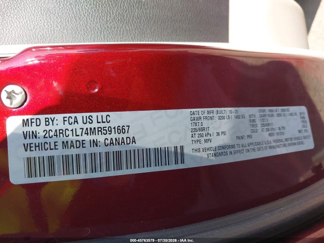 45763579 :رقم المزاد ، 2C4RC1L74MR591667 vin ، 2021 Chrysler Pacifica Hybrid Touring L مزاد بيع