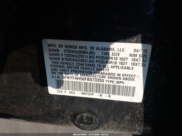 2015 Honda Pilot Ex-l მანქანა იყიდება აუქციონზე, vin: 5FNYF4H50FB073355, აუქციონის ნომერი: 45763593