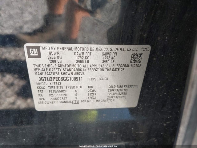Продажа на аукционе авто 2016 Gmc Sierra 1500 Denali, vin: 3GTU2PEC6GG100911, номер лота: 45763595