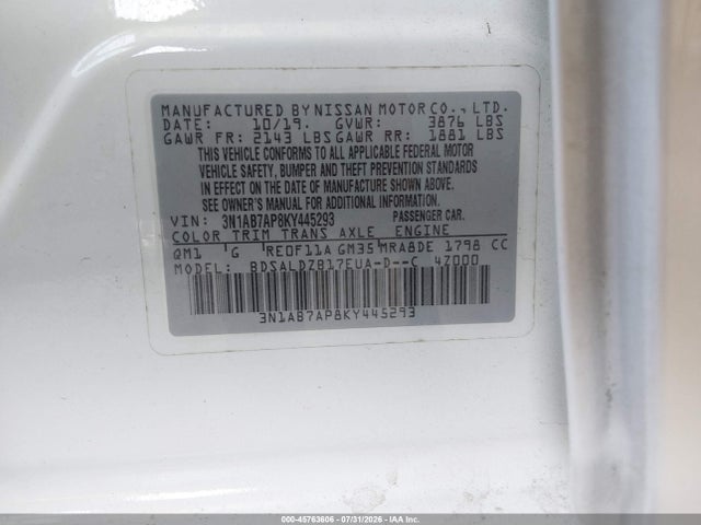 Продажа на аукционе авто 2019 Nissan Sentra Sv, vin: 3N1AB7AP8KY445293, номер лота: 45763606