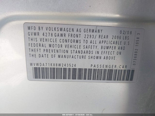 2008 Volkswagen Rabbit S მანქანა იყიდება აუქციონზე, vin: WVWDA71K88W243524, აუქციონის ნომერი: 45763611