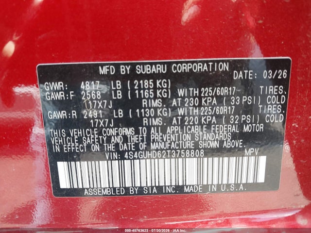 Aukcja sprzedaży 2026 Subaru Crosstrek Premium, vin: 4S4GUHD62T3758808, numer aukcji: 45763623
