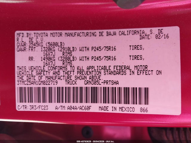 45763629 :رقم المزاد ، 3TMCZ5AN1GM022719 vin ، 2016 Toyota Tacoma Sr5 V6 مزاد بيع
