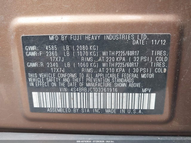 Продаж на аукціоні авто 2013 Subaru Outback 2.5i Limited, vin: 4S4BRBJC1D3261916, номер лоту: 45763634