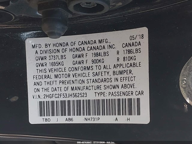 Aukcja sprzedaży 2018 Honda Civic Lx, vin: 2HGFC2F53JH562523, numer aukcji: 45763643