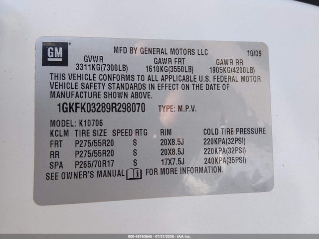 Aukcja sprzedaży 2009 Gmc Yukon Denali Denali, vin: 1GKFK03289R298070, numer aukcji: 45763645