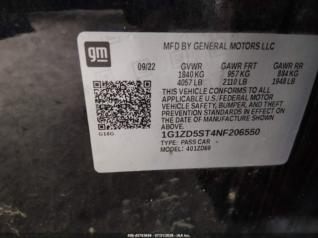 45763656 :رقم المزاد ، 1G1ZD5ST4NF206550 vin ، 2022 Chevrolet Malibu Fwd Lt مزاد بيع