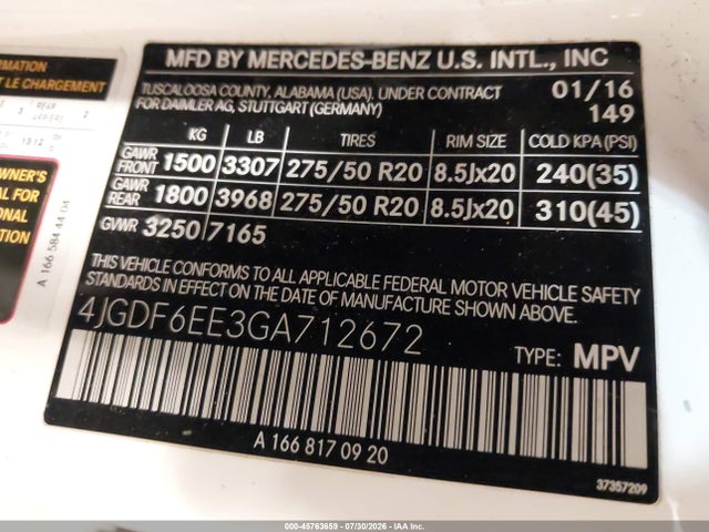 Aukcja sprzedaży 2016 Mercedes-benz Gl 450 4matic, vin: 4JGDF6EE3GA712672, numer aukcji: 45763659