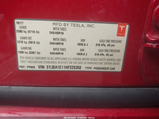 Продаж на аукціоні авто 2017 Tesla Model S 60/75, vin: 5YJSA1E11HF225358, номер лоту: 45763668