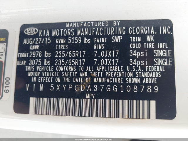 45763669 :رقم المزاد ، 5XYPGDA37GG108789 vin ، 2016 Kia Sorento 2.4l Lx مزاد بيع
