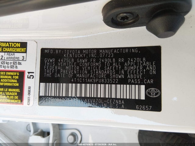 45763670 :رقم المزاد ، 4T1C11AK9PU833522 vin ، 2023 Toyota Camry Le مزاد بيع
