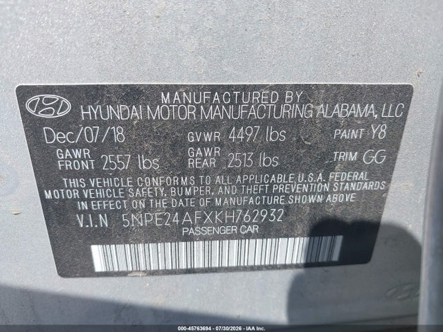 45763694 :رقم المزاد ، 5NPE24AFXKH762932 vin ، 2019 Hyundai Sonata Se مزاد بيع