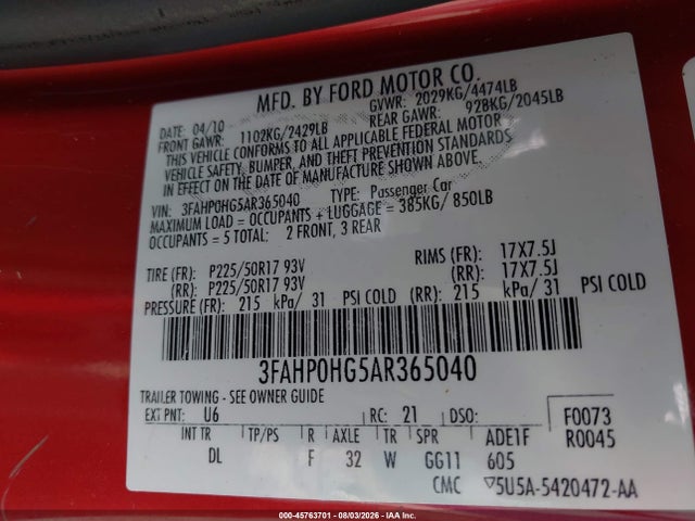 45763701 :رقم المزاد ، 3FAHP0HG5AR365040 vin ، 2010 Ford Fusion Se مزاد بيع