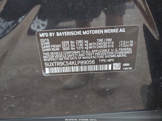 2019 Bmw X3 Xdrive30i მანქანა იყიდება აუქციონზე, vin: 5UXTR9C54KLP89056, აუქციონის ნომერი: 45763703