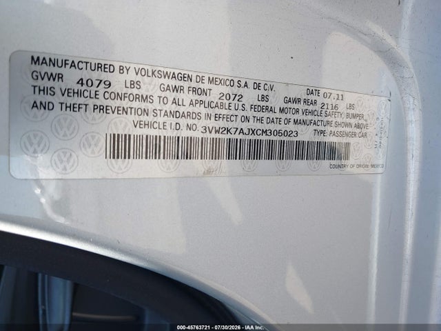 2012 Volkswagen Jetta 2.0l S მანქანა იყიდება აუქციონზე, vin: 3VW2K7AJXCM305023, აუქციონის ნომერი: 45763721