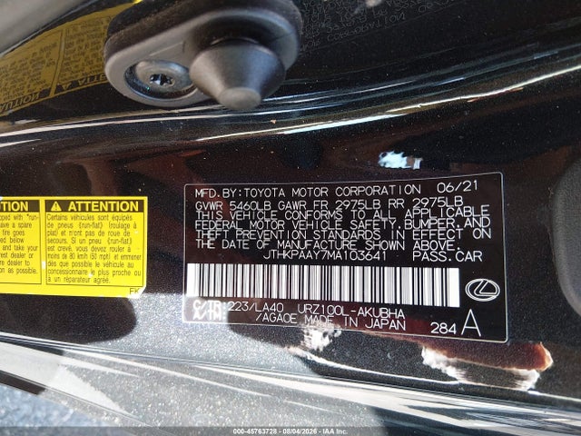 45763728 :رقم المزاد ، JTHKPAAY7MA103641 vin ، 2021 Lexus Lc 500 مزاد بيع