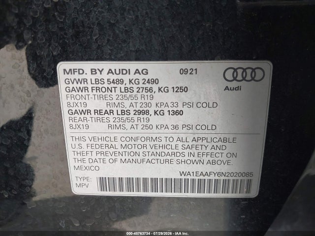 Продаж на аукціоні авто 2022 Audi Q5 Premium Plus 45 Tfsi S Line Quattro S Tronic, vin: WA1EAAFY6N2020085, номер лоту: 45763734