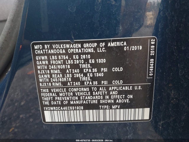 2019 Volkswagen Atlas 3.6l V6 Se W/technology მანქანა იყიდება აუქციონზე, vin: 1V2WR2CA4KC531928, აუქციონის ნომერი: 45763735