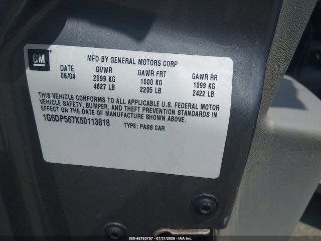 45763757 :رقم المزاد ، 1G6DP567X50113818 vin ، 2005 Cadillac Cts Base W/1sb/1sc مزاد بيع