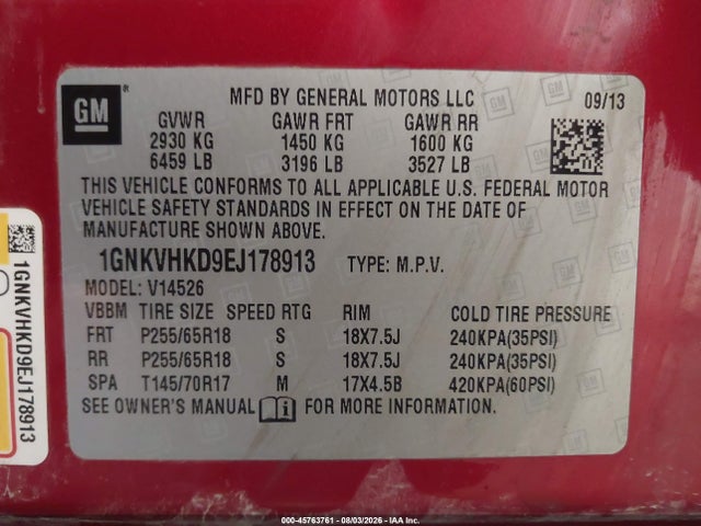 45763761 :رقم المزاد ، 1GNKVHKD9EJ178913 vin ، 2014 Chevrolet Traverse 2lt مزاد بيع