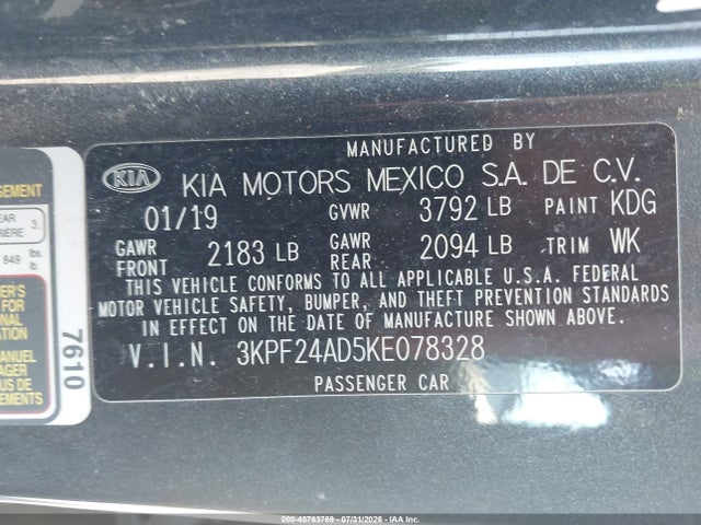 2019 Kia Forte Lxs მანქანა იყიდება აუქციონზე, vin: 3KPF24AD5KE078328, აუქციონის ნომერი: 45763769