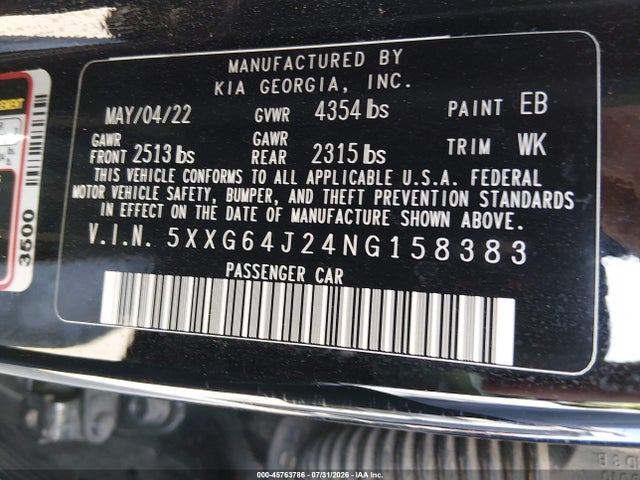 2022 Kia K5 Gt-line მანქანა იყიდება აუქციონზე, vin: 5XXG64J24NG158383, აუქციონის ნომერი: 45763786