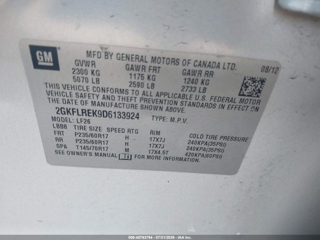 Aukcja sprzedaży 2013 Gmc Terrain Sle-1, vin: 2GKFLREK9D6133924, numer aukcji: 45763794