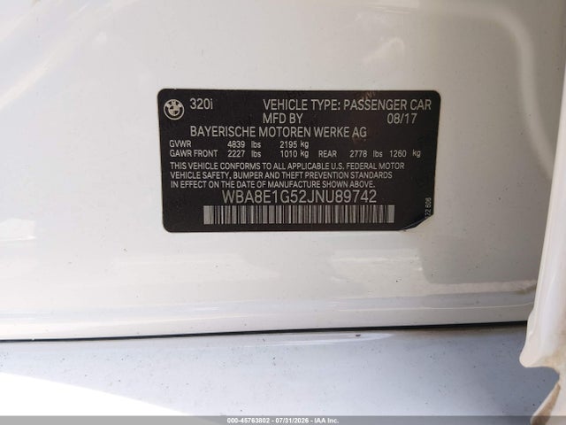Aukcja sprzedaży 2018 Bmw 320i, vin: WBA8E1G52JNU89742, numer aukcji: 45763802