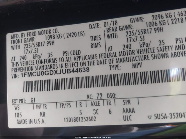 45763803 :رقم المزاد ، 1FMCU0GDXJUB44638 vin ، 2018 Ford Escape Se مزاد بيع