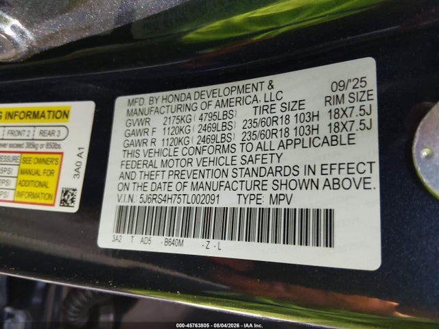 45763805 :رقم المزاد ، 5J6RS4H75TL002091 vin ، 2026 Honda Cr-v Ex-l Awd مزاد بيع