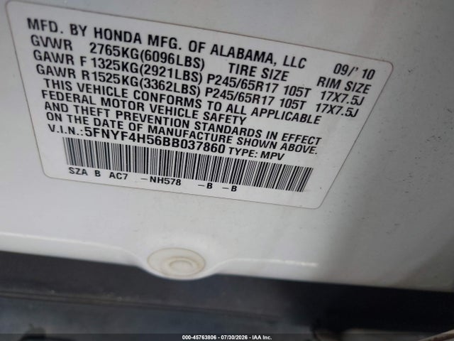 Продаж на аукціоні авто 2011 Honda Pilot Ex-l, vin: 5FNYF4H56BB037860, номер лоту: 45763806