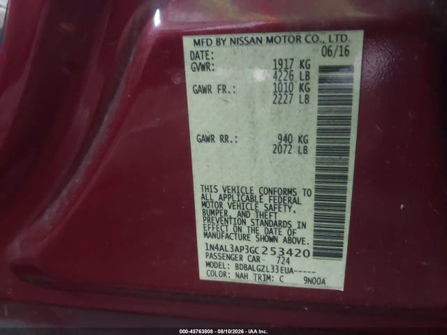 Aukcja sprzedaży 2016 Nissan Altima 2.5/2.5 S/2.5 Sl/2.5 Sr/2.5 Sv, vin: 1N4AL3AP3GC253420, numer aukcji: 45763808