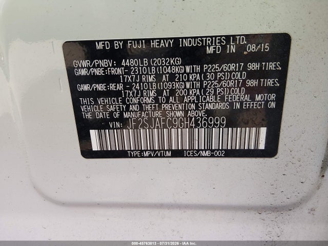 45763813 :رقم المزاد ، JF2SJAFC9GH436999 vin ، 2016 Subaru Forester 2.5i Premium مزاد بيع