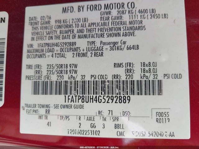 Auction sale of the 2016 Ford Mustang Ecoboost Premium, vin: 1FATP8UH4G5292889, lot number: 45763830