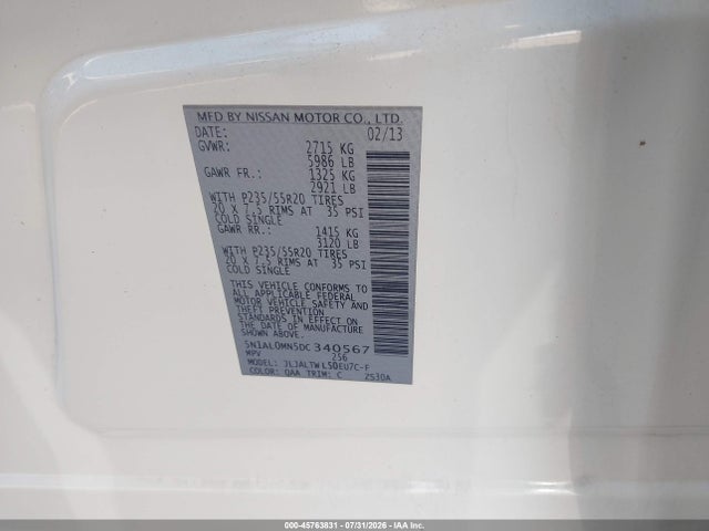 45763831 :رقم المزاد ، 5N1AL0MN5DC340567 vin ، 2013 Infiniti Jx35 مزاد بيع