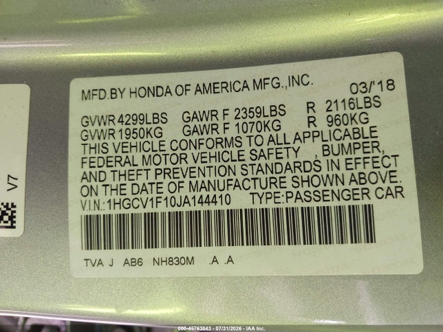 1HGCV1F10JA144410 Honda ACCORD LX