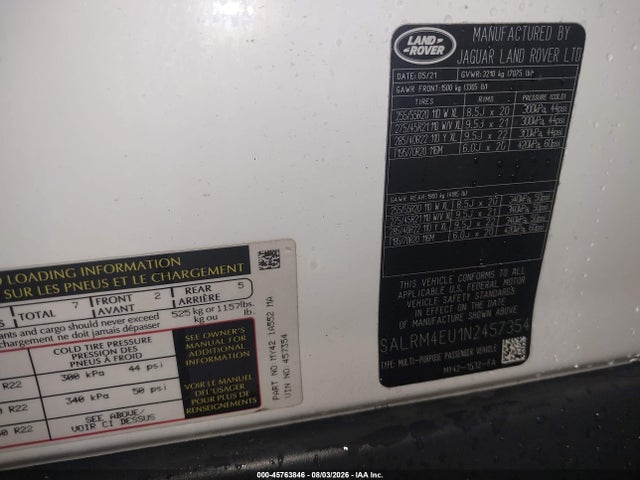 Продаж на аукціоні авто 2022 Land Rover Discovery P360 Hse R-dynamic, vin: SALRM4EU1N2457354, номер лоту: 45763846