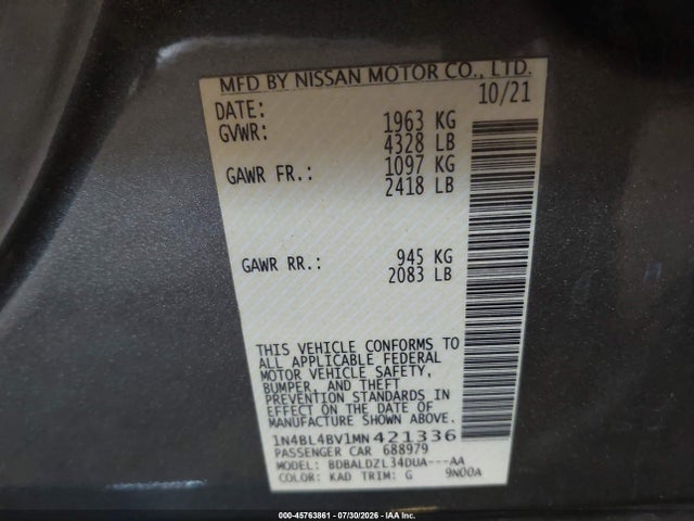45763861 :رقم المزاد ، 1N4BL4BV1MN421336 vin ، 2021 Nissan Altima S Fwd مزاد بيع