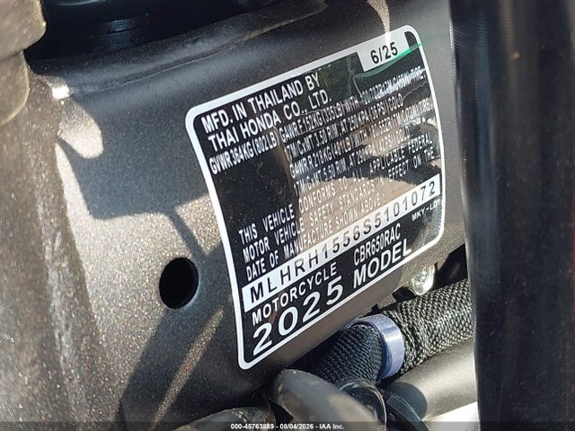 2025 Honda Cbr650 R მანქანა იყიდება აუქციონზე, vin: MLHRH1556S5101072, აუქციონის ნომერი: 45763889