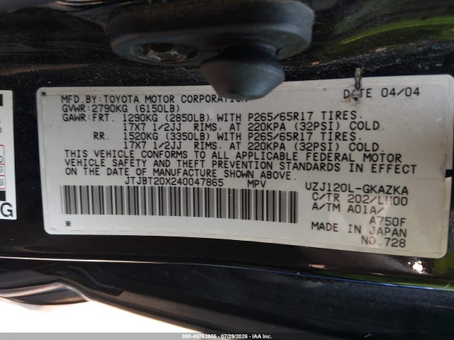 Aukcja sprzedaży 2004 Lexus Gx 470, vin: JTJBT20X240047865, numer aukcji: 45763905