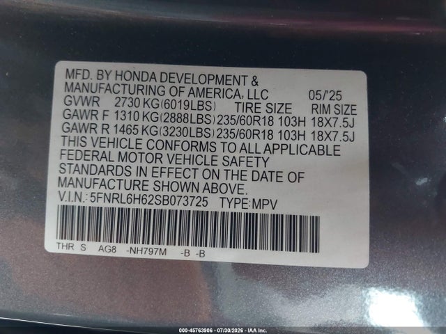 Aukcja sprzedaży 2025 Honda Odyssey Ex-l, vin: 5FNRL6H62SB073725, numer aukcji: 45763906