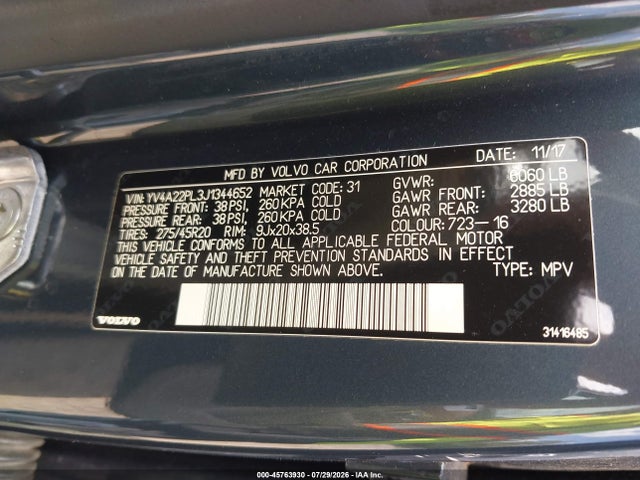 Продажа на аукционе авто 2018 Volvo Xc90 T6 Inscription, vin: YV4A22PL3J1344652, номер лота: 45763930
