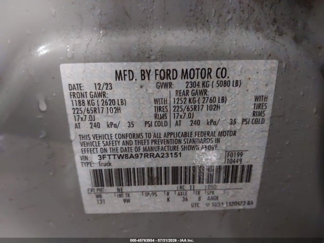 45763954 :رقم المزاد ، 3FTTW8A97RRA23151 vin ، 2024 Ford Maverick Xl مزاد بيع